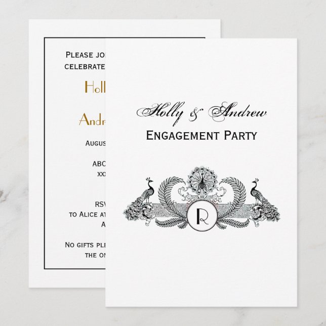 Invitación Monograma de pavos reales (Anverso / Reverso)