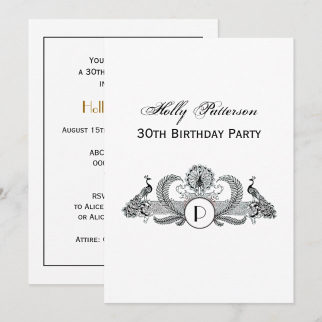 Invitación Monograma de pavos reales (Anverso / Reverso)