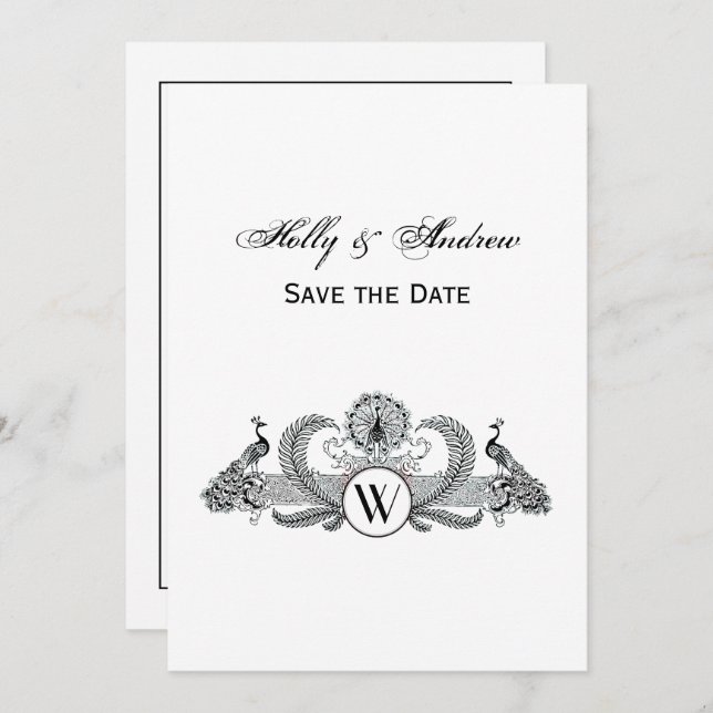 Invitación Monograma de pavos reales (Anverso / Reverso)