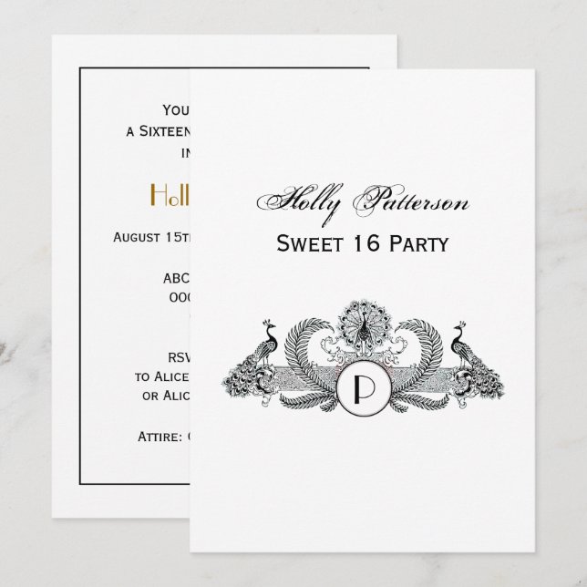 Invitación Monograma de Pavos Reales Vintage (Anverso / Reverso)