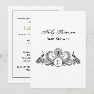 Invitación Monograma de Pavos Reales Vintage Marfil BG