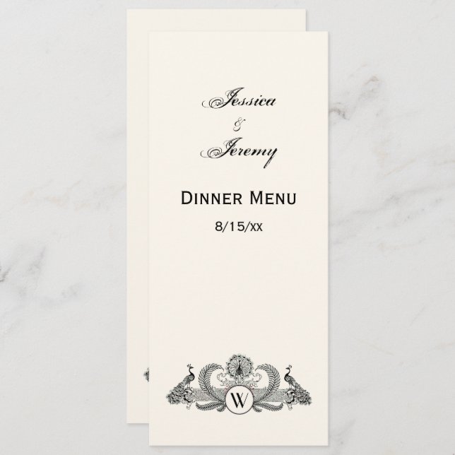 Invitación Monograma de Pavos Reales Vintage Marfil BG (Anverso / Reverso)