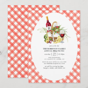 Invitación Monograma de picnic de barbacoa de gingham rojo rú