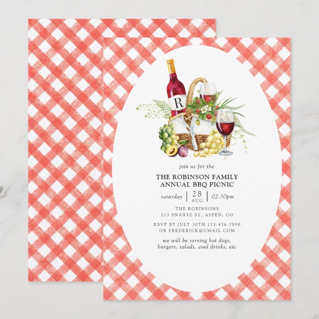 Invitación Monograma de picnic de barbacoa de gingham rojo rú (Anverso / Reverso)