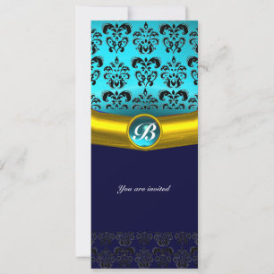 Invitación MONOGRAMA DE PIEDRA DE GEMA DAMASCO, turquesa azul