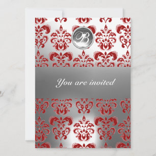 INVITACIÓN MONOGRAMA DE PIEDRA DE GEMA DE DAMASCO ROJO Y BLAN