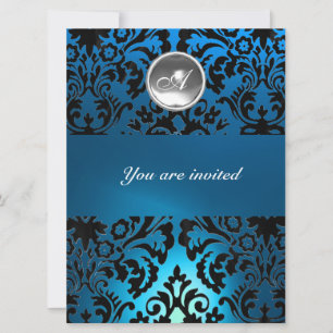 Invitación MONOGRAMA DE PIEDRA GEMA DAMASCO NEGRO Y AZUL blan