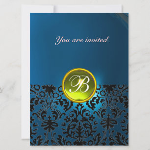 Invitación MONOGRAMA DE PIEDRA PRECIOSA DAMASCO amarillo azu