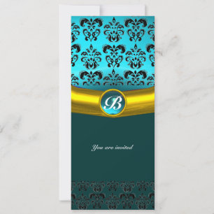 Invitación MONOGRAMA DE PIEDRA PRECIOSA DAMASCO, turquesa azu