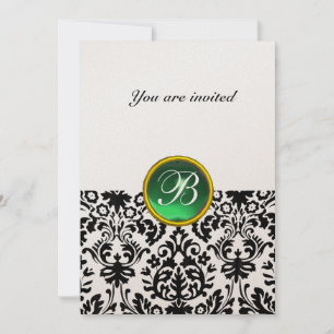 Invitación MONOGRAMA DE PIEDRA PRECIOSA DAMASK jade verde oro