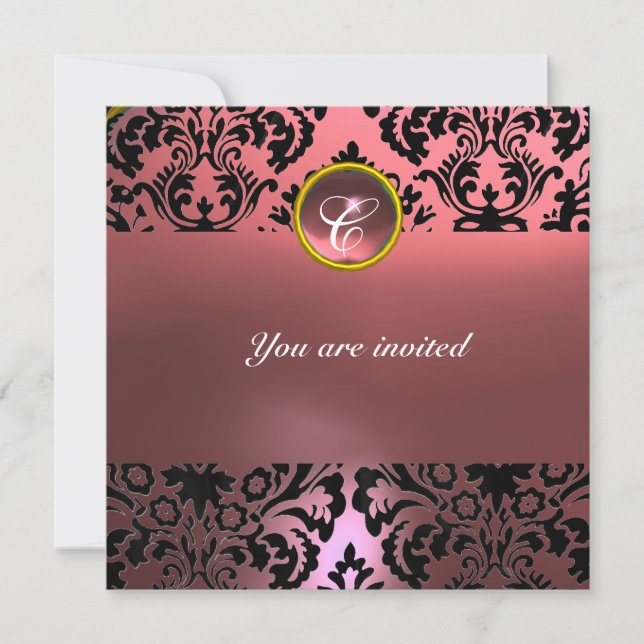 Invitación MONOGRAMA DE PIEDRA PRECIOSA DAMASK rosa (Anverso)