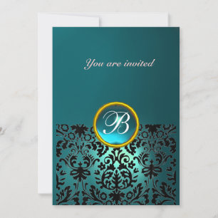 Invitación MONOGRAMA DE PIEDRA PRECIOSA DAMASKO azul aguamari