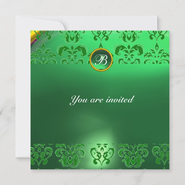 INVITACIÓN MONOGRAMA DE PIEDRA PRECIOSA DE DAMASCO DE EMERALD (Anverso)