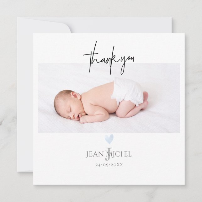 Invitación Monograma de PixDezines Gracias Corazón Azul Bebé (Anverso)