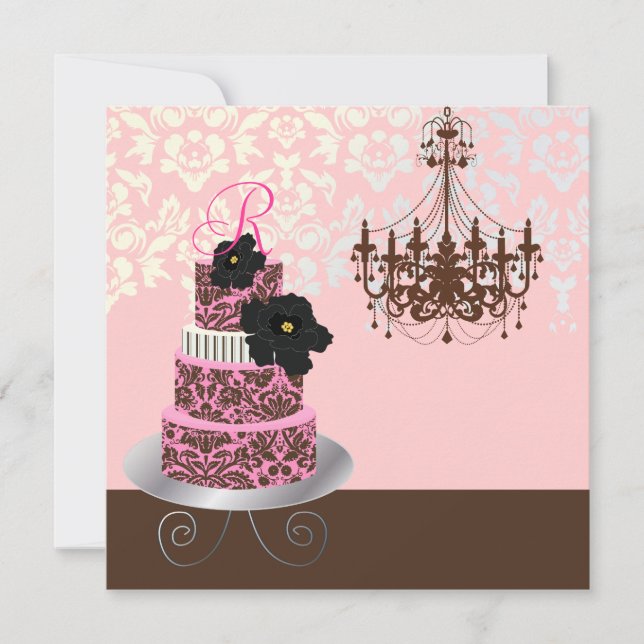 Invitación Monograma de pixDezines, pastel de chocolate rosa (Anverso)