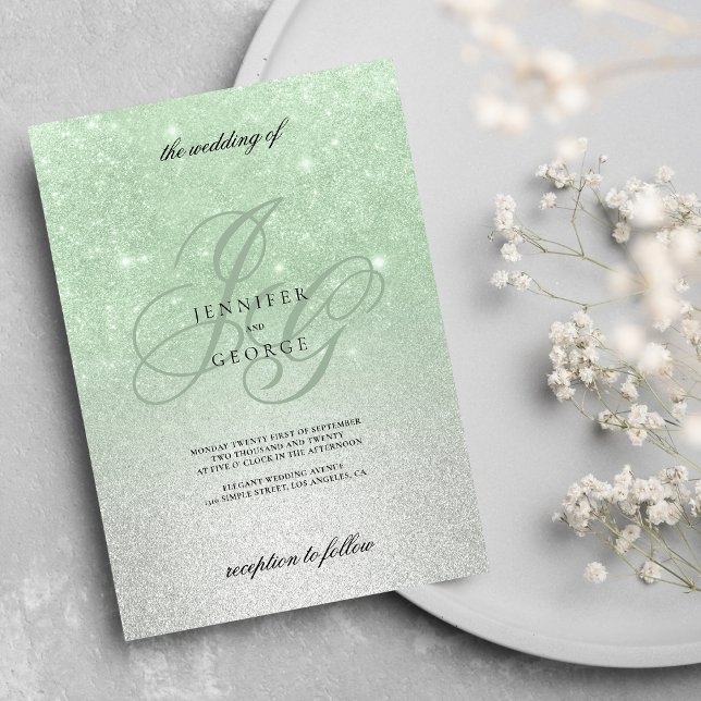 Invitación Monograma de plata de la Fábrica de la Moneda boda (Mint silver monogram initials ombre glitter wedding)