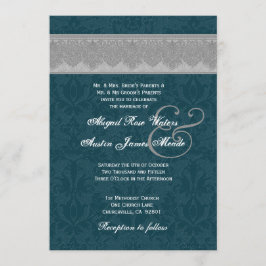Invitación Monograma de plata y verde azulado de la cinta del