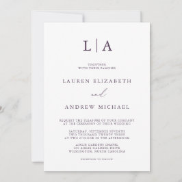 Invitación Monograma De Pluma Púrpura Boda Minimalista Simple