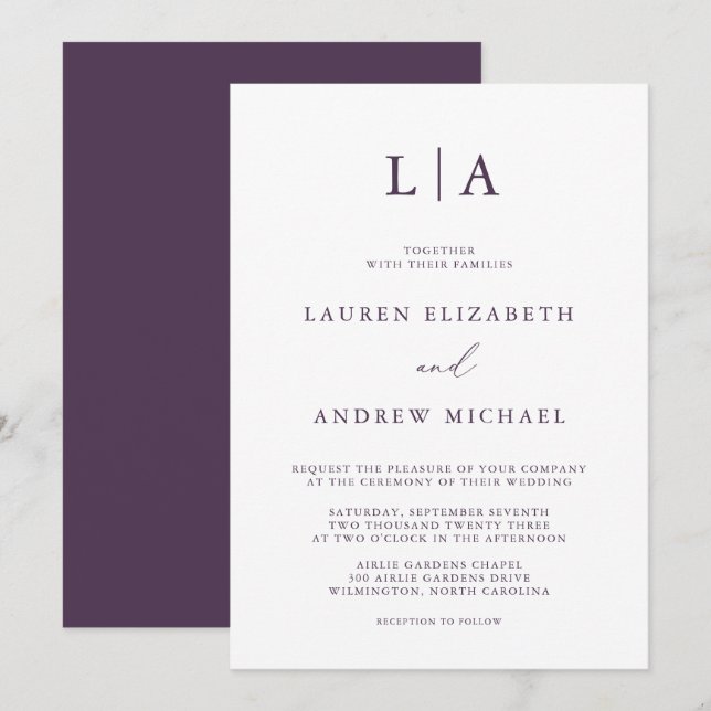 Invitación Monograma De Pluma Púrpura Boda Minimalista Simple (Anverso / Reverso)