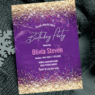 Invitación Monograma de purpurina de imitación de oro morado 
