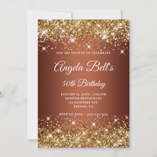 Invitación Monograma de Purpurina dorado de cobre Ombre Fancy (Anverso)