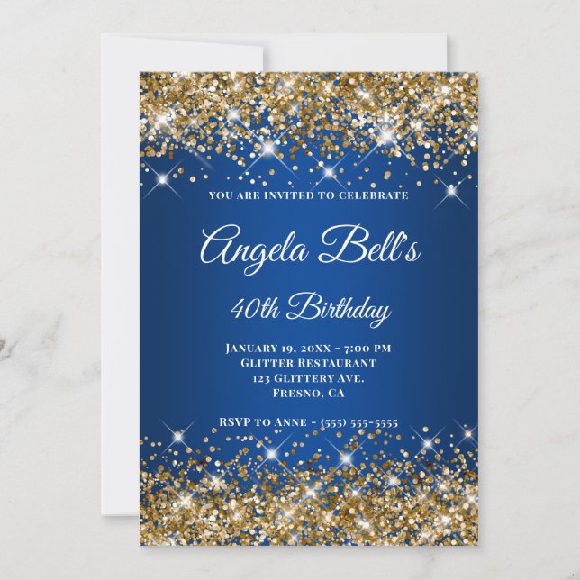 Invitación Monograma de Purpurina oro azul profundo (Anverso)