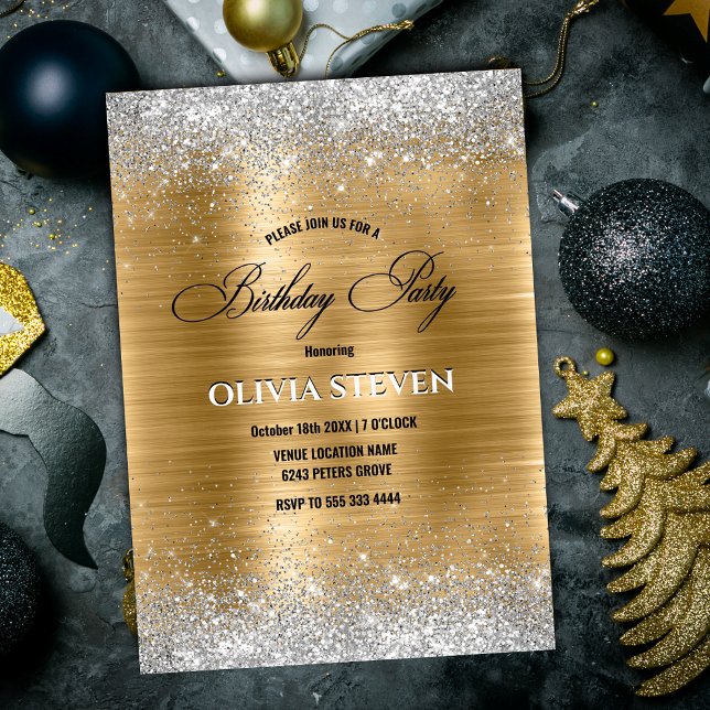 Invitación Monograma de purpurina plateado de oro fino (Subido por el creador)