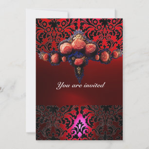 INVITACIÓN MONOGRAMA DE ROSAS ROSADAS Y GEMAS DE DAMASCO