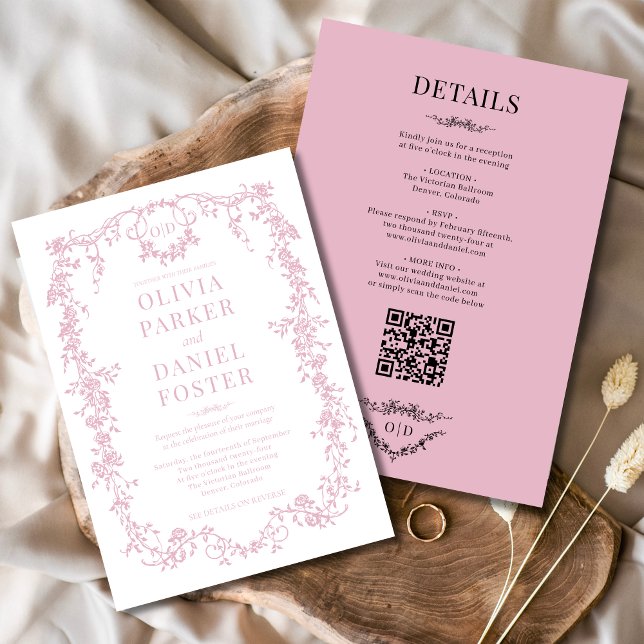 Invitación Monograma de Rubor rosa todo en un Boda victoriano (Subido por el creador)