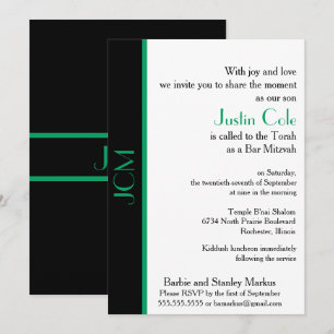 Invitación Monograma de trébol verde y negro Bar Mitzvah