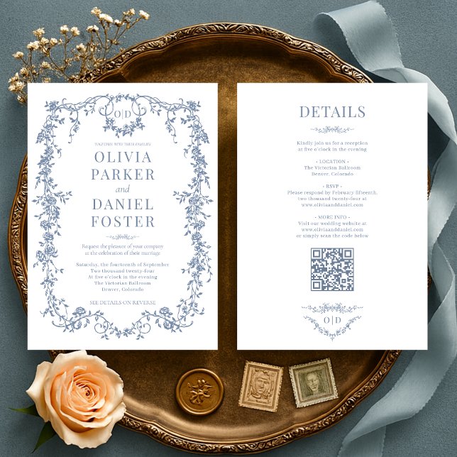 Invitación Monograma de un Boda azul polvoriento en Victoria (Subido por el creador)