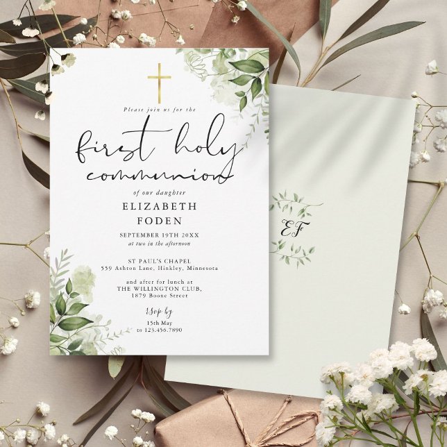 Invitación Monograma de vegetación rústica Primera Santa Comu (Rustic Greenery Monogram First Holy Communion Invitation)
