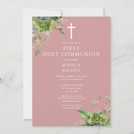 Invitación Monograma de Verde Polvoriento Rosa Primera Comuni