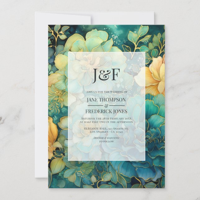 Invitación Monograma de Verdigris y Boda floral dorado (Anverso)