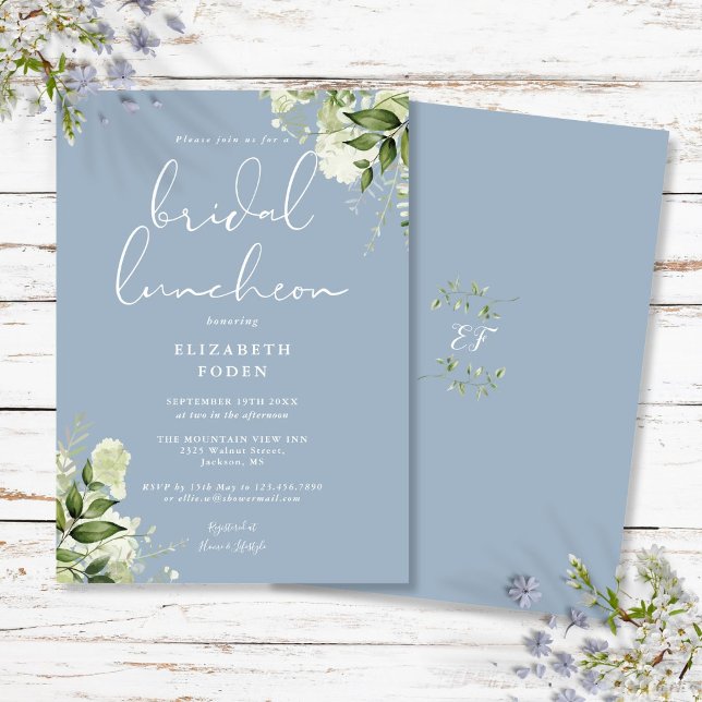 Invitación Monograma de Verdor Azul Polvo Bridal Luncheon (Greenery Monogram Dusty Blue Bridal Luncheon Invitation)