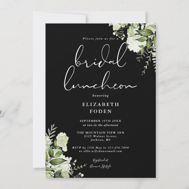Invitación Monograma De Verdor Luncheon De Novias Negras Y Bl (Anverso)