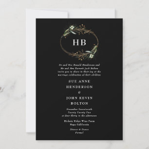 Invitación Monograma de Wreath de eucalipto negro dorado prem