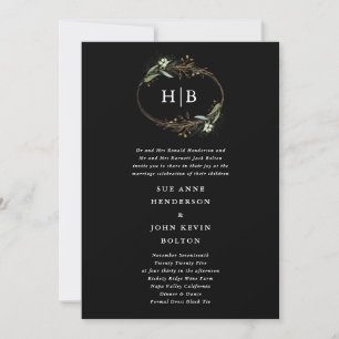 Invitación Monograma de Wreath de eucalipto negro dorado prem