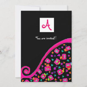 Invitación MONOGRAMA DECO, negro, violeta rosa blanco