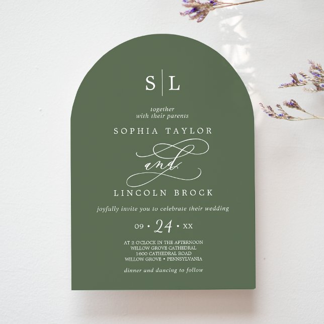 Invitación Monograma del arco de SOPHIA Boda verde oliva de b (SOPHIA Arch Monogram Woodland Olive Green Wedding Invitation)