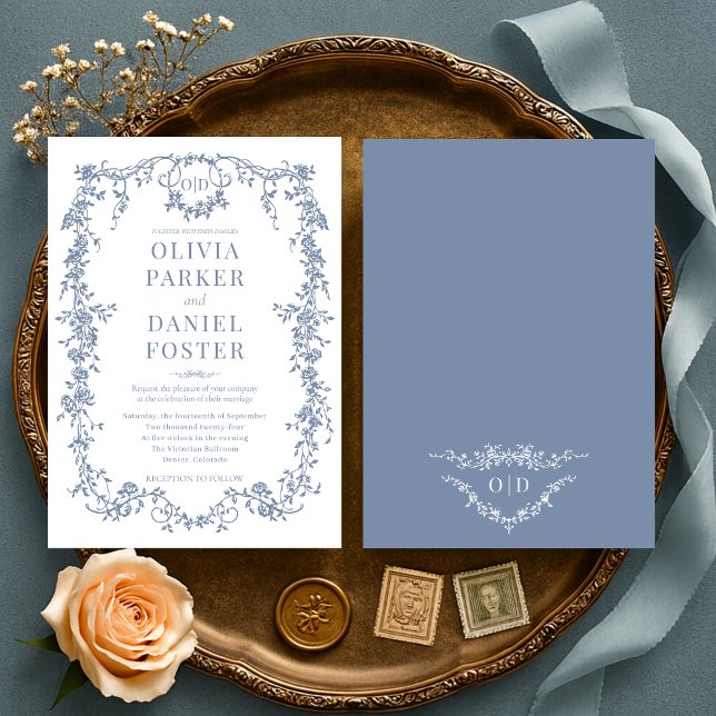 Invitación Monograma del Boda azul polvoriento de la época vi (Subido por el creador)