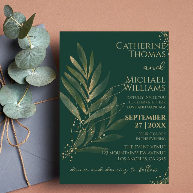 Invitación Monograma del Boda de la hoja de oro verde esmeral (Subido por el creador)