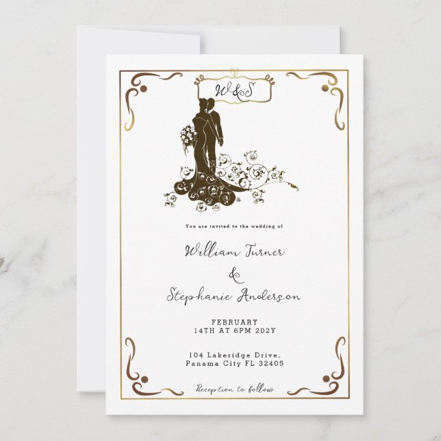 Invitación Monograma del Boda de la novia Gold Groom Silhouet (Anverso)
