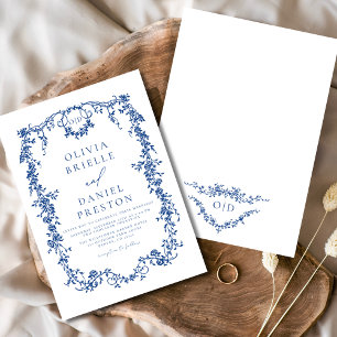 Invitación Monograma del Boda floral azul victoriano