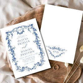 Invitación Monograma del Boda floral azul victoriano