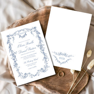 Invitación Monograma del Boda floral azul victoriano