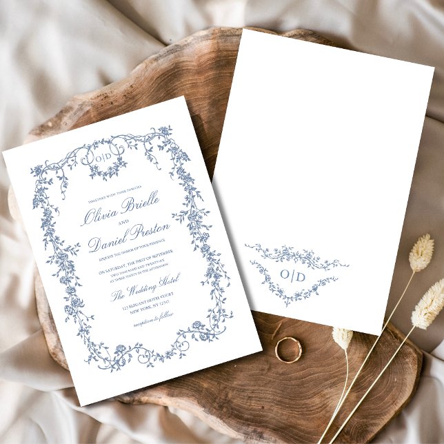 Invitación Monograma del Boda floral azul victoriano (Subido por el creador)