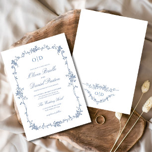 Invitación Monograma del Boda floral azul victoriano