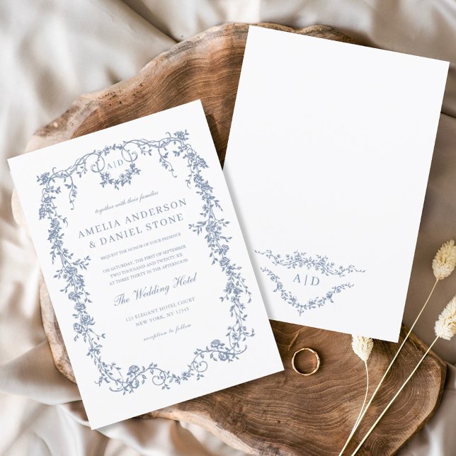 Invitación Monograma del Boda floral azul victoriano (Subido por el creador)