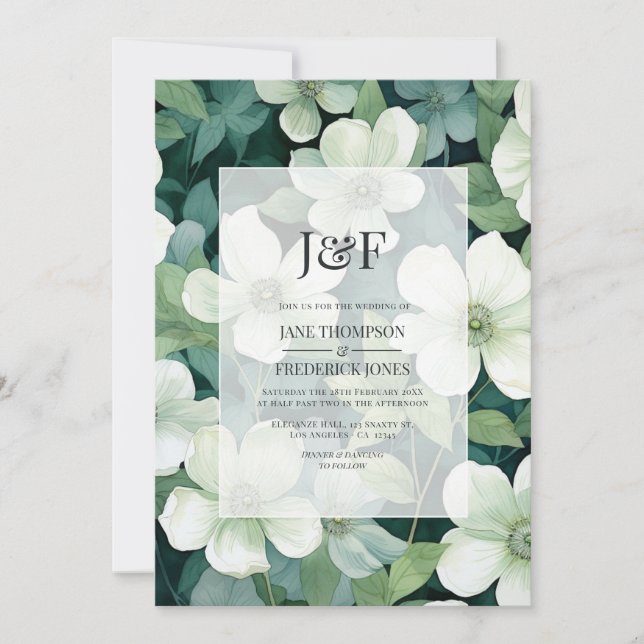 Invitación Monograma del Boda floral blanco y verde sabio (Anverso)